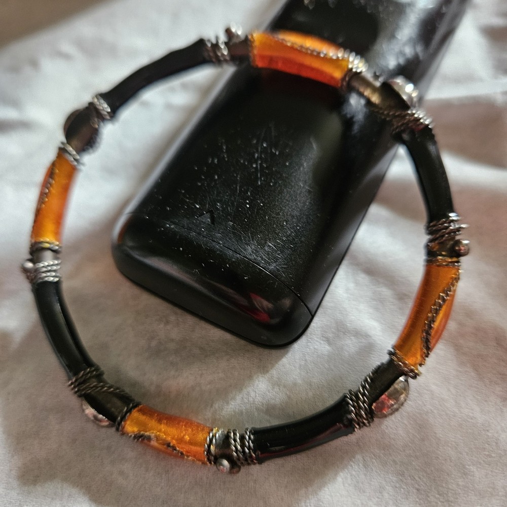 Bangle Bracelet Orange & Black Tiny Chain Wrap Vintage