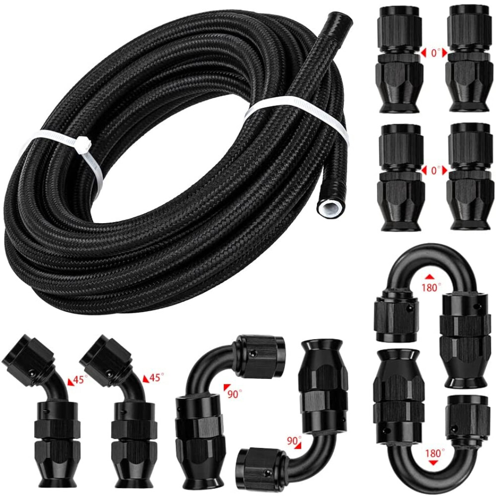 6AN 8AN 10AN Nylon E85 PTFE Fuel Line Hose 20-30FT w/10 or 20 Fittings Kit BLACK