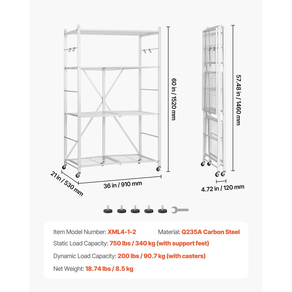 Folding Storage Shelf with Wheels 4-Tier No Assembly Organizer Shelf White