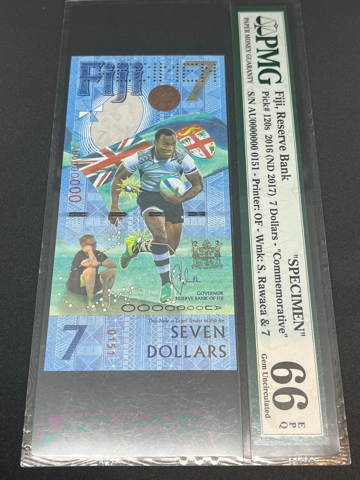 2016 (2017) Fiji 7 Seven Dollars Banknote Specimen Commemorative PMG 66 Graded