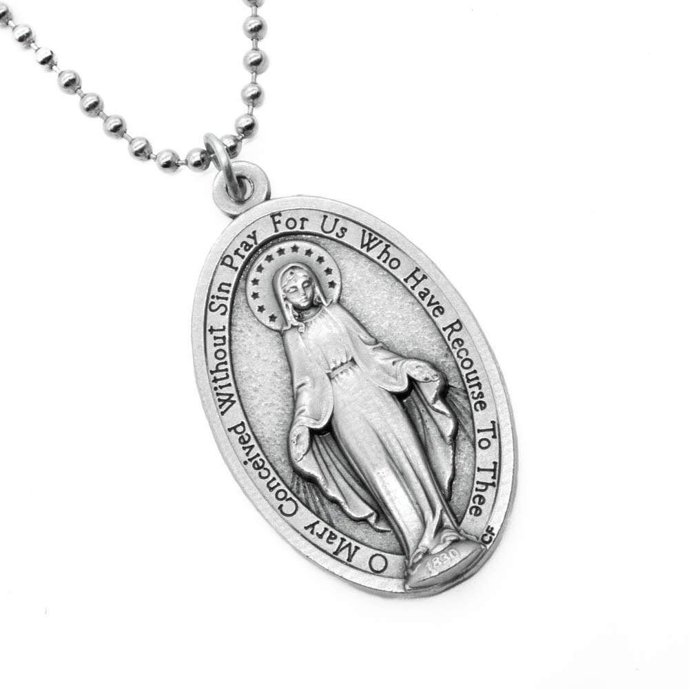 Extra Large 1-3/4" Miraculous Medal Virgin Mary Pendant Necklace Italy 24" Chain