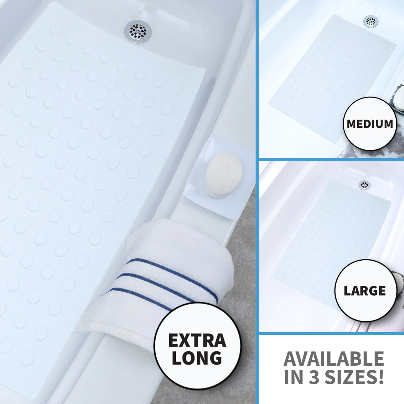 Medium, Large & Extra Long Rubber Bath Safety Mat with Suction Cups for Tubs