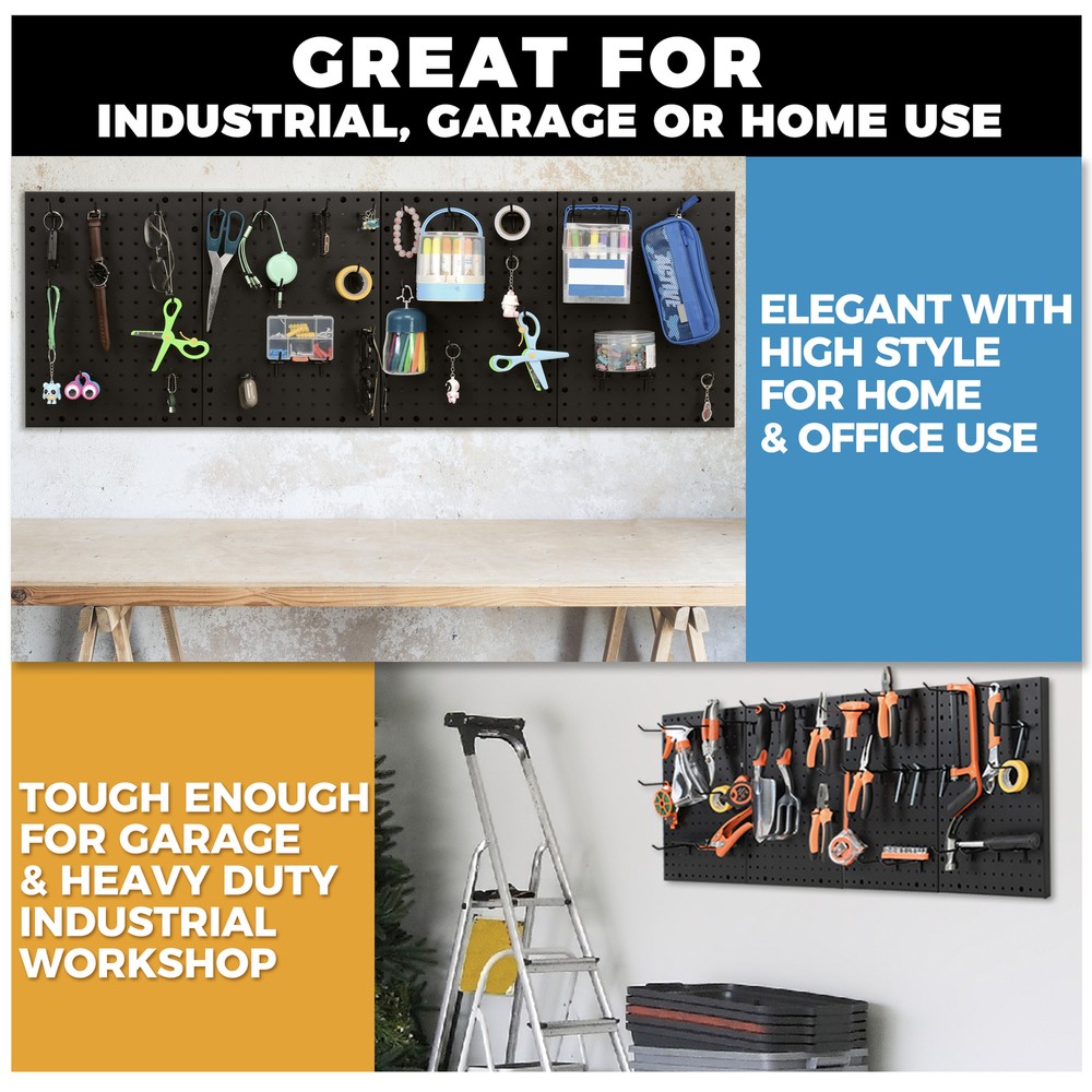 Heavy Duty 4-Panel Pegboard Wall Organizer With 32 Peg Hooks - Black