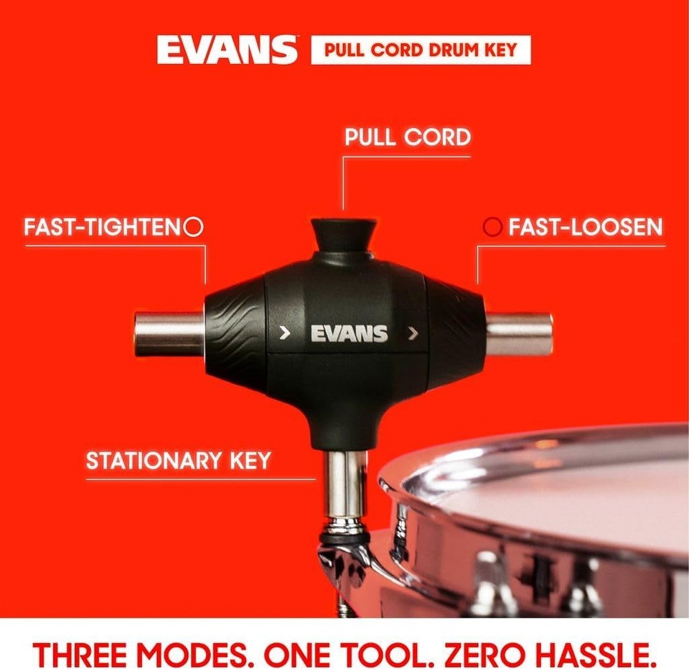 Evans Pull Cord Drum Key - Fully Mechanical Three Head Drum Key - Keys for Tunin