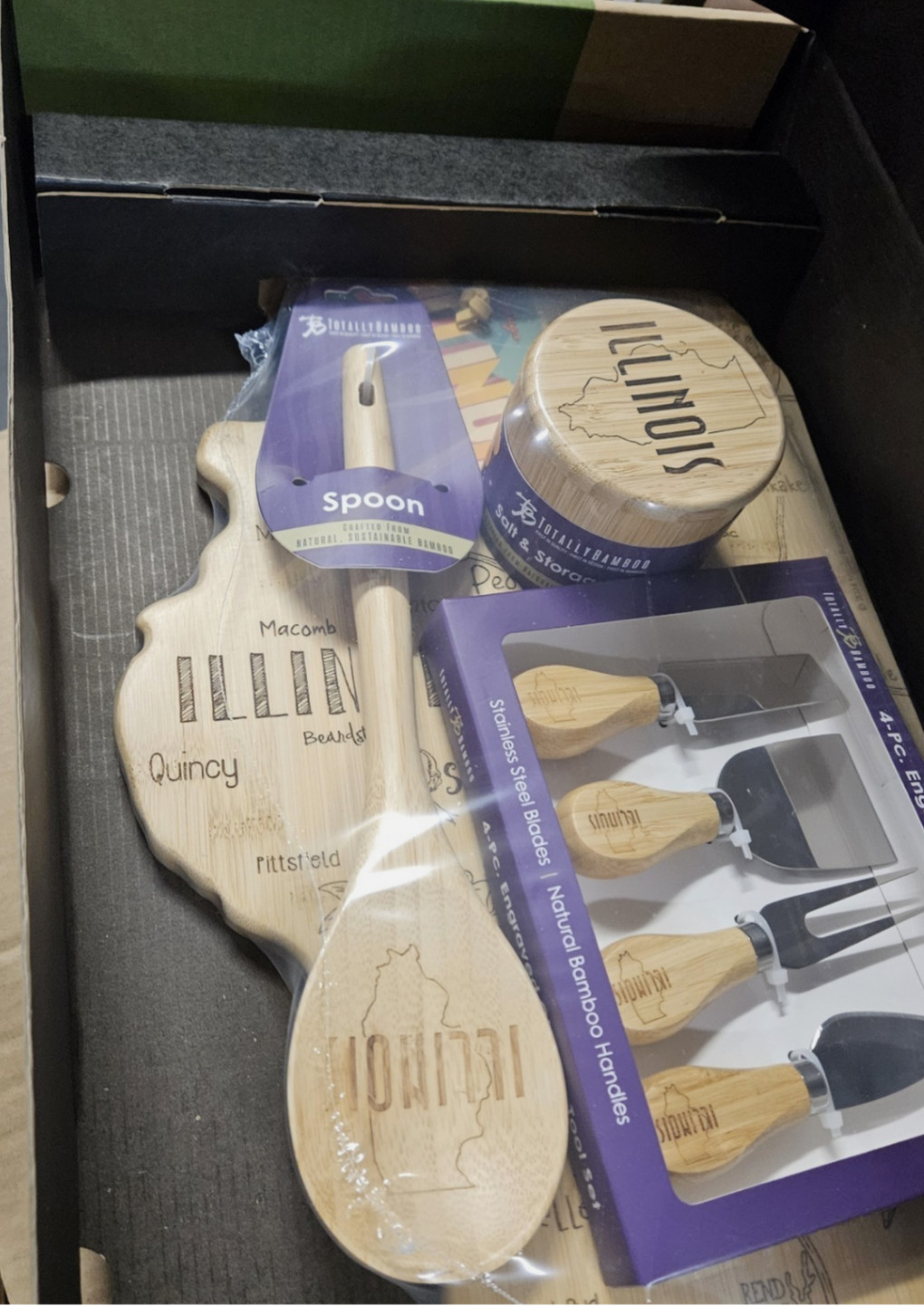 Totally Bamboo Illinois Destination Board, Cheese Tool, Salt Box & Cooking Spoon