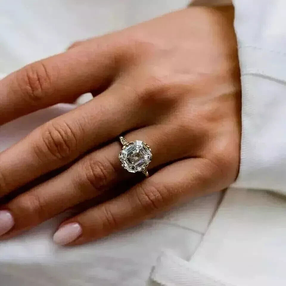 Art Deco Style 3.5Ct Asscher Cut Lab Created Diamond Engagement 14K Gold FN Ring