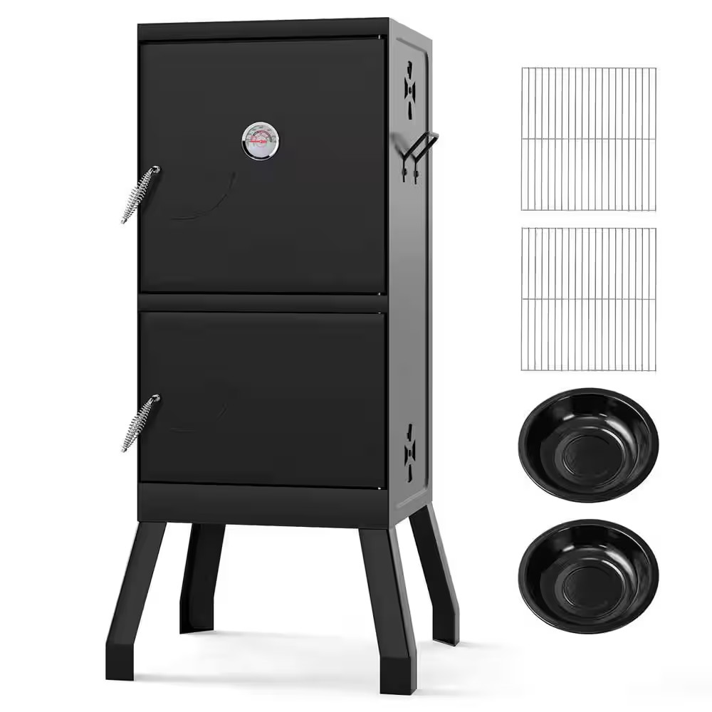 Vertical Charcoal Smoker BBQ Barbecue Grill with Temperature Gauge Outdoor Black