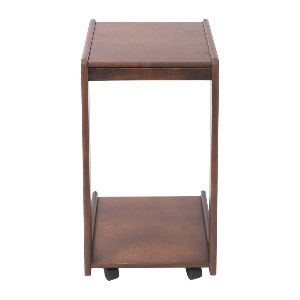 2-Tier Solid Wood C-Shaped Side Table with Drawer and Lockable Wheels