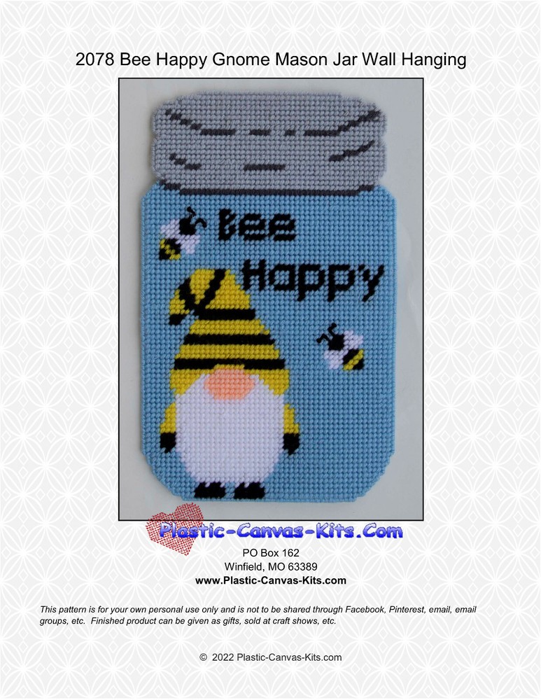Bee Happy Gnome Mason Jar Wall Hanging- Plastic Canvas Pattern or Kit