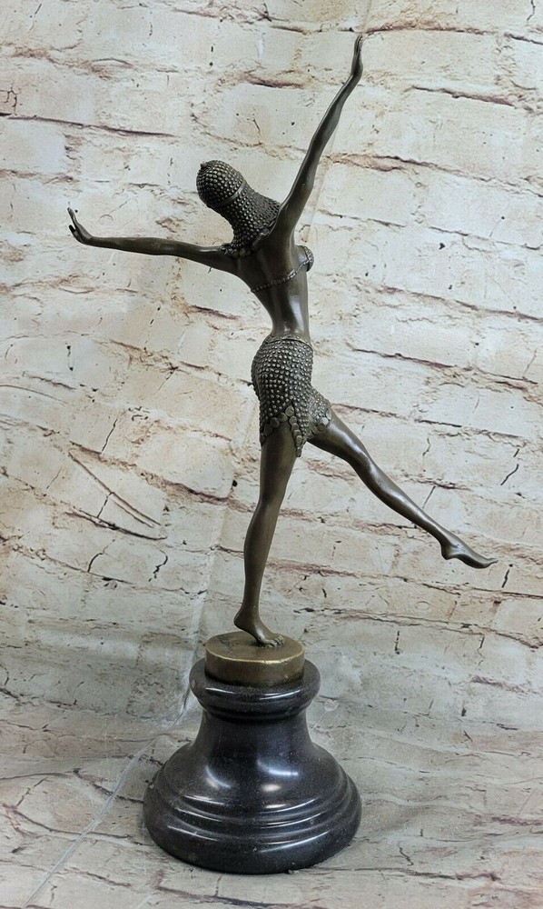 SIGNED NUDE DANCER SOLID BRONZE SCULPTURE STATUE FIGURINE FIGURE MARBLE ARTWORK