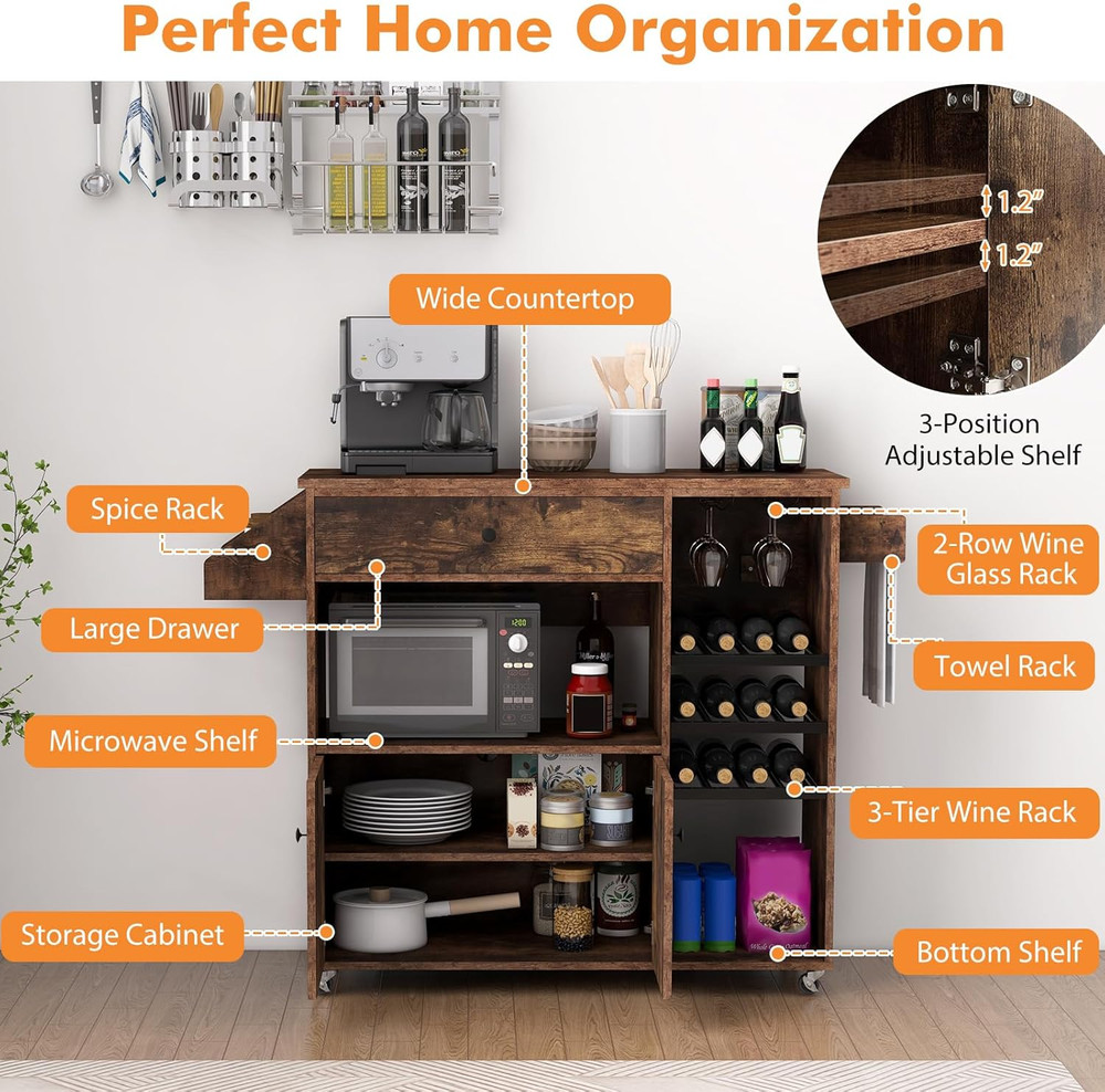 Rustic Brown Rolling Kitchen Island Cart with Drop-Leaf & Power Outlet