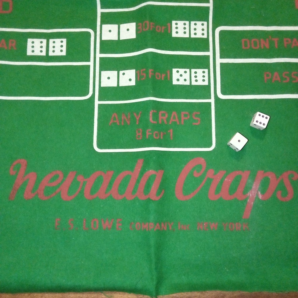 Vtg. E.S. Lowe Nevada Craps Layout Cloth, Dice, Book.
