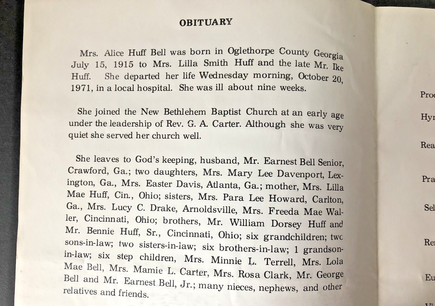 Athens GA OBSEQUIES African American Woman Alice Huff Bell FUNERAL PROGRAM 1971