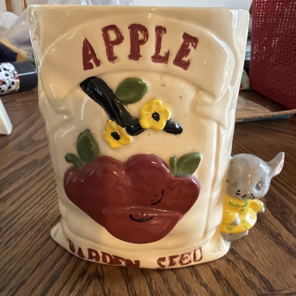Ceramic Vase/ Match Holder Apple Seed With Mouse