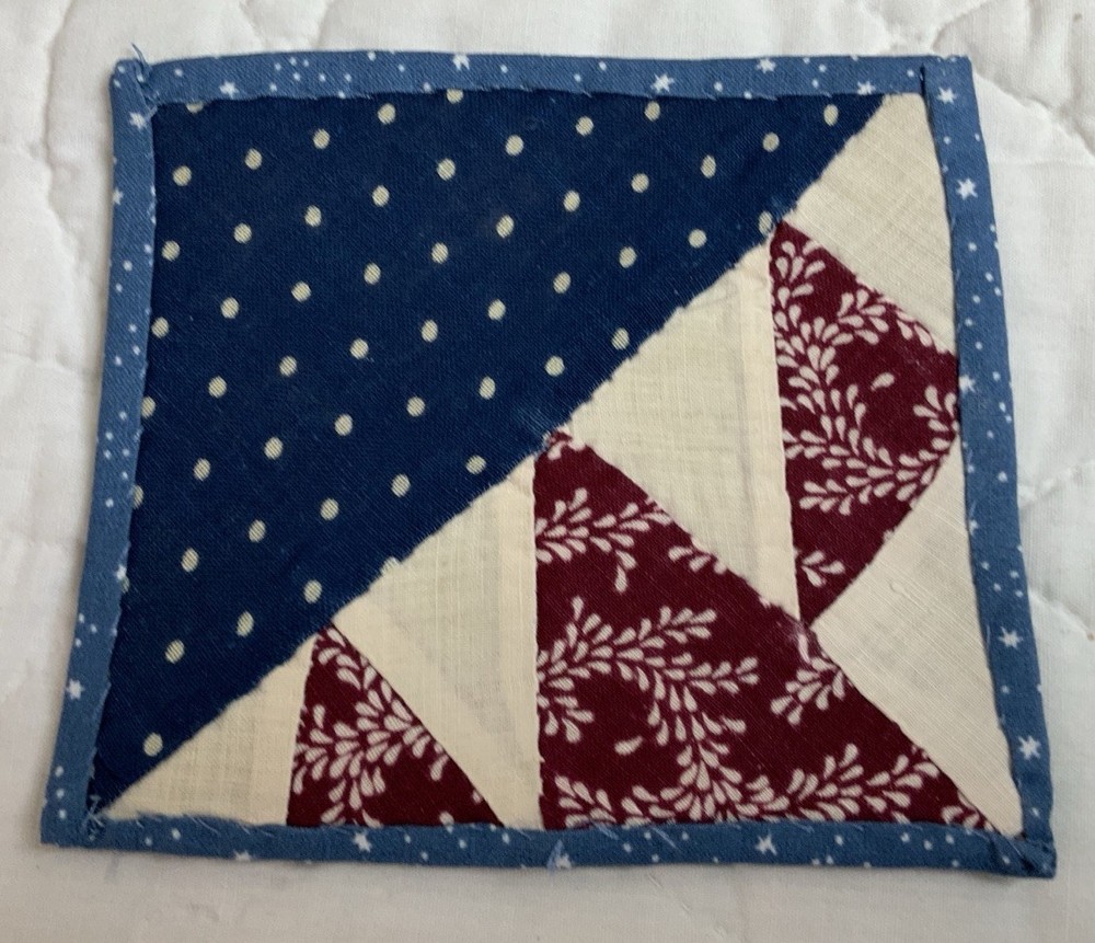 Antique Patchwork Quilt Table Topper, Early Calico Prints, Triangles, Navy, Wine