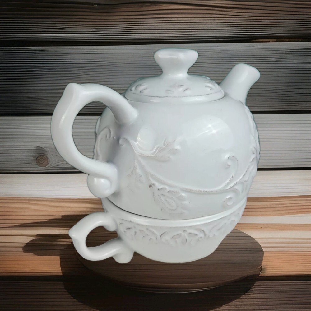 Dena Home Stackable Teapot + Cup - White Embossed Scroll/Floral