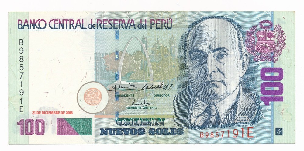 PERU  100 Soles 2006 P. 181  Unc Note; Jorge Basadre Grohmann