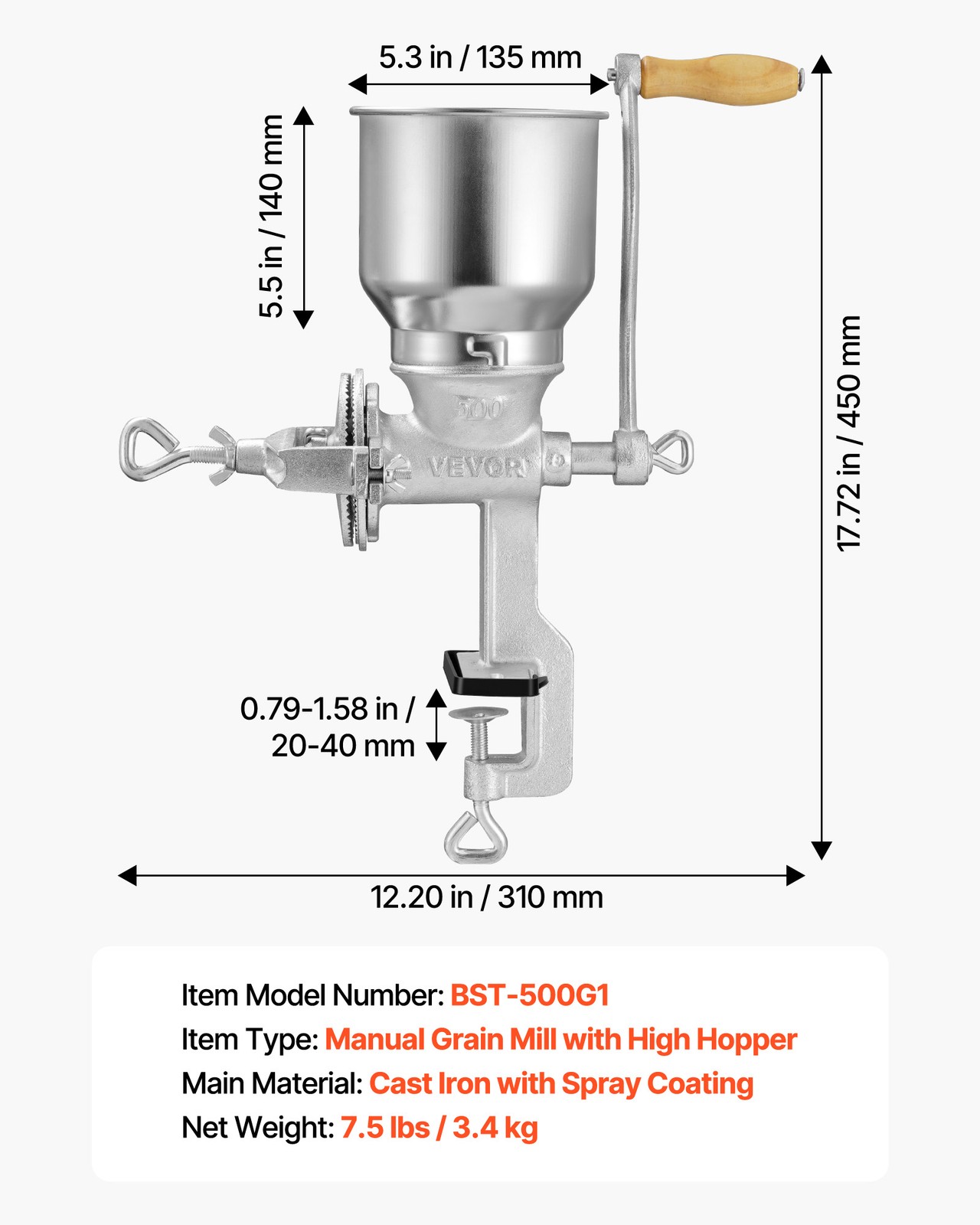 VEVOR Manual Grain Mill with High Hopper Hand-Crank Cast Iron Corn Spice Grinder
