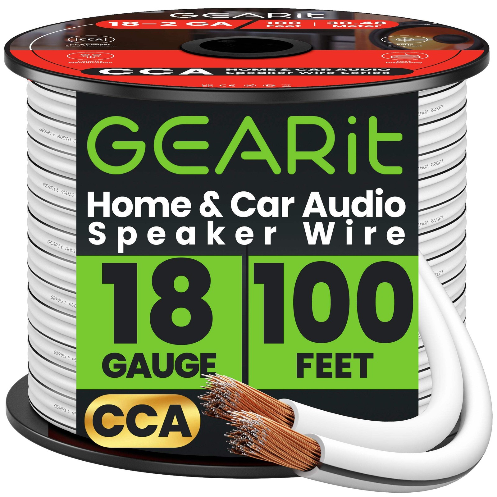 GEARit 18 Gauge CCA Car Audio Speaker Wire Bulk 2-Conductor - 100ft