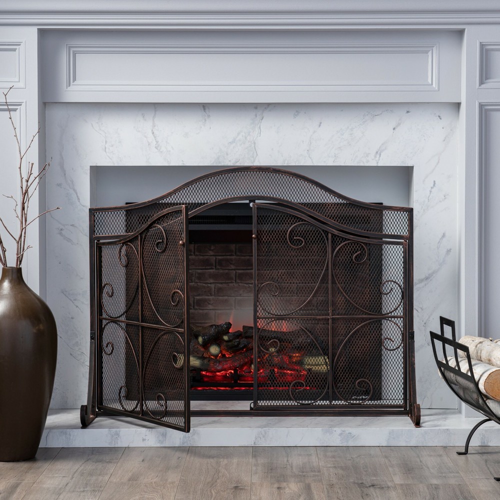 Gary Modern Three Panel Iron Firescreen with Door