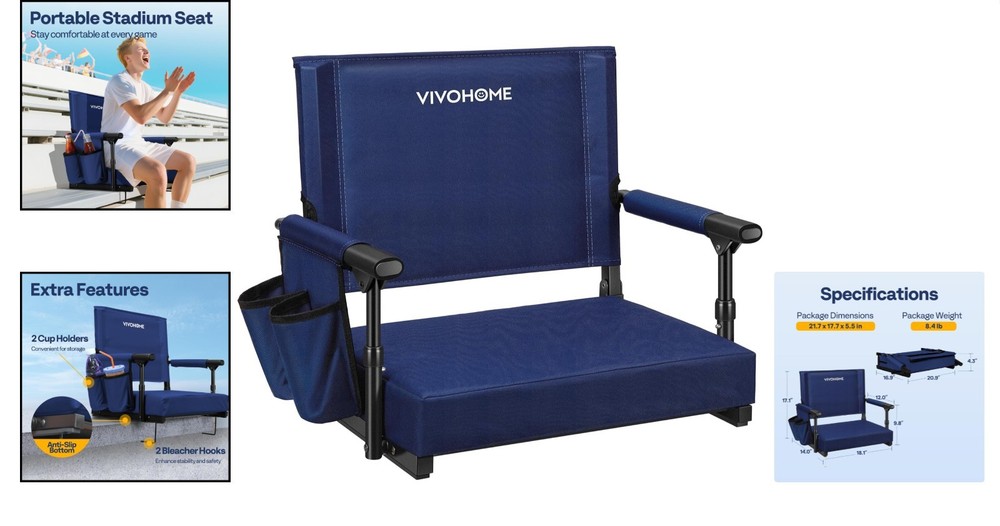 Comfortable Navy Blue Bleacher Chair with Adjustable Shoulder Strap & Cup Holder