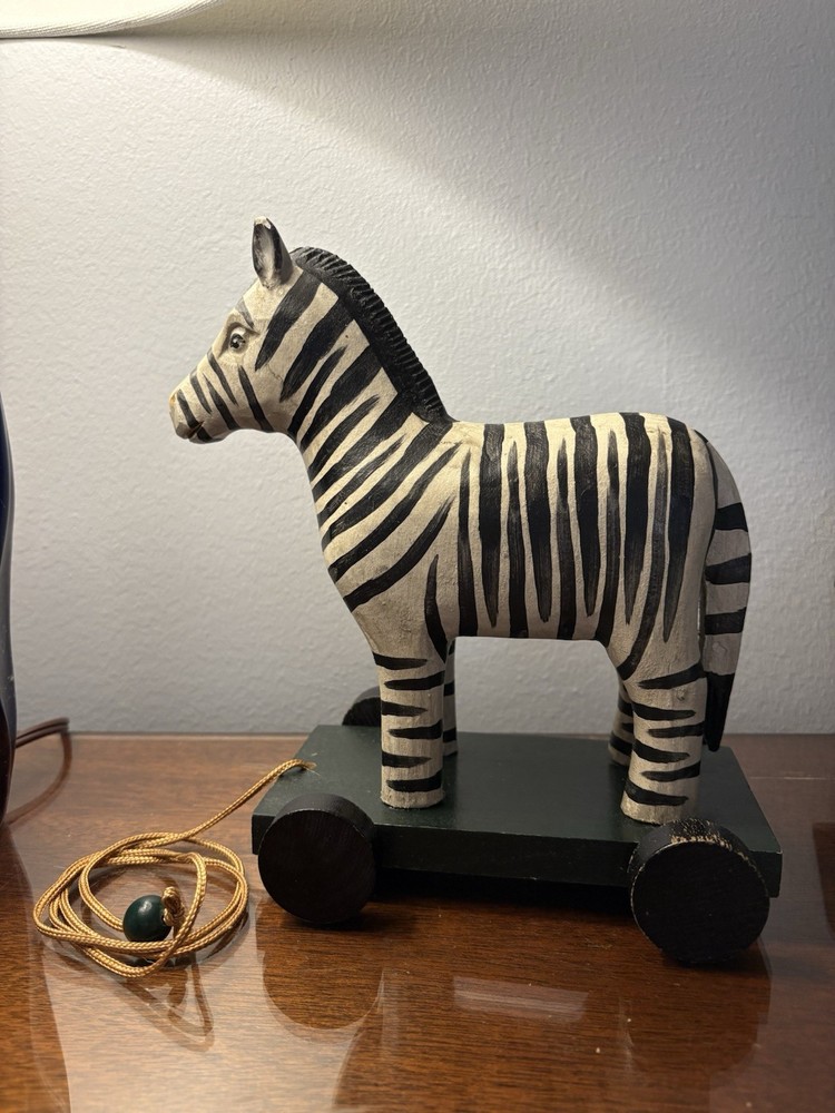 Antique Kids String Pull Zebra Wood Hand Carved Rustic Folk Art Nice