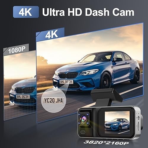 4K Dash Cam Front & Rear, 64GB Card, Motion Detection, Night Vision, Loop Record