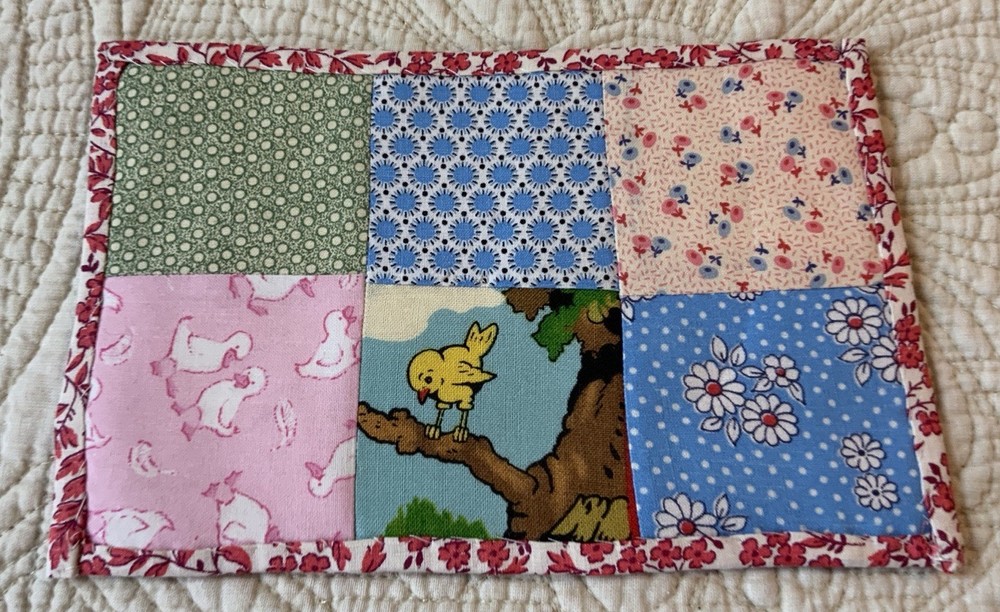 Vintage Patchwork Quilt Small Table Topper, Four Patch, Florals, Calicos