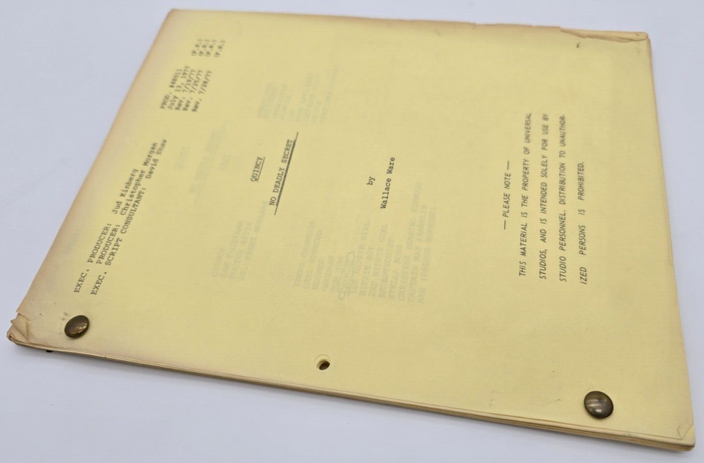 QUINCY, M.E. / Wallace Ware 1977 TV Script, Jack Klugman "No Deadly Secret"