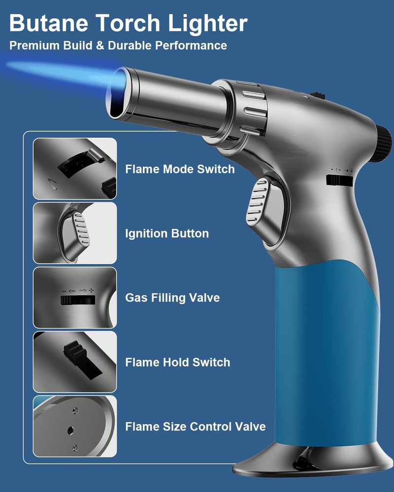 Lamsen Dual Flame Butane Torch Lighter, Refillable Mini Grey & Blue