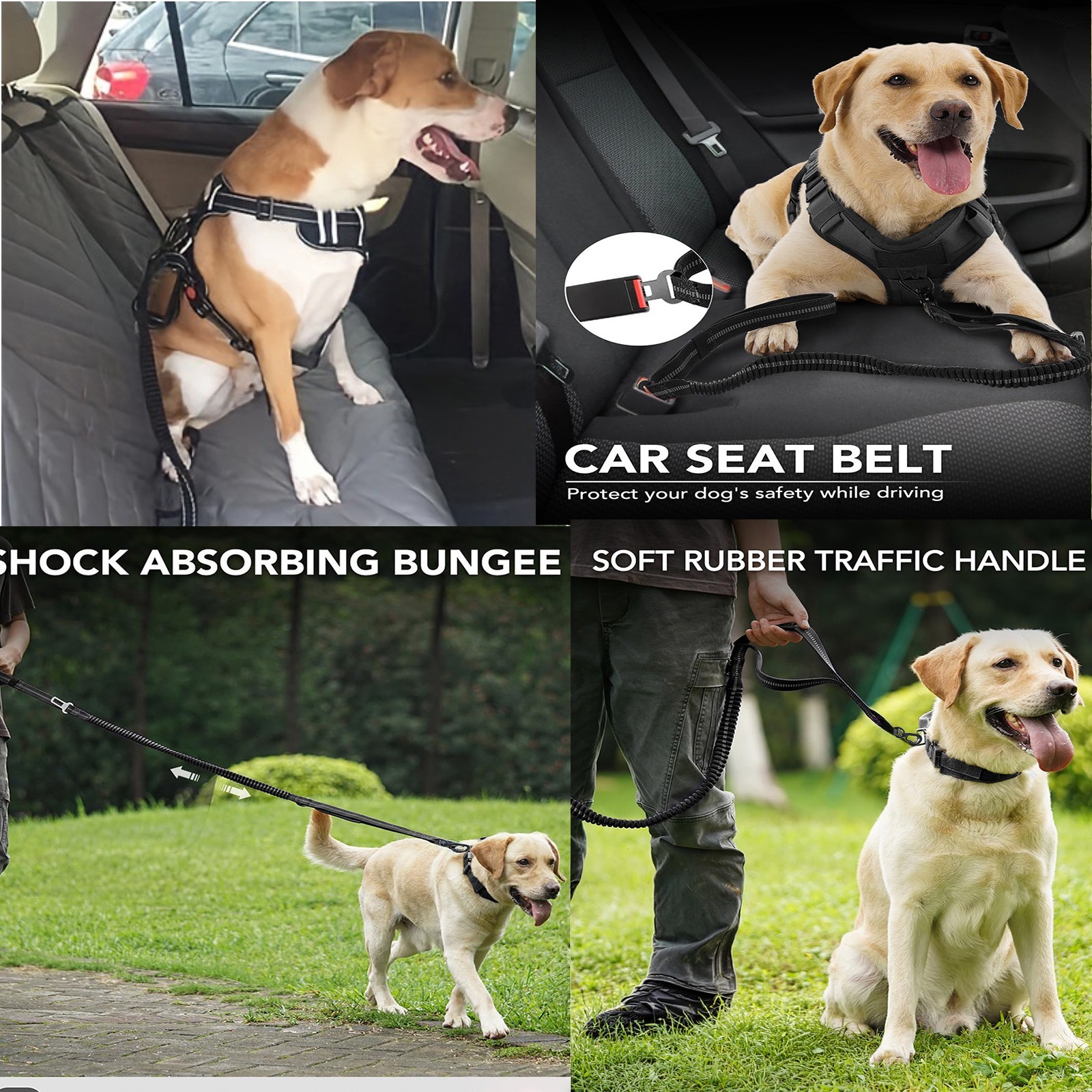 4-in-1 Bungee Dog Leash Car Seat Belt Adjustable Walking Anti-Pull Leash 5-6.3FT