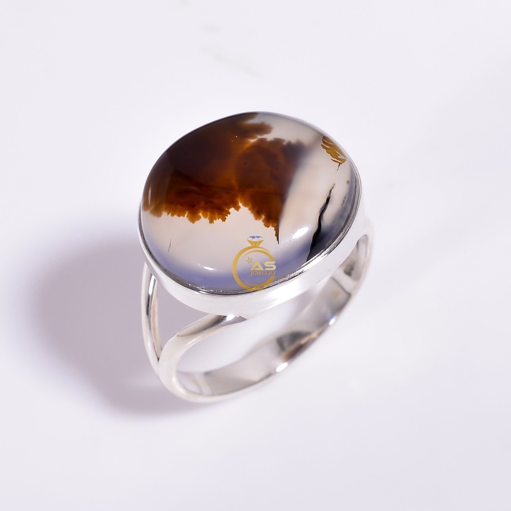 Dendritic Agate Gemstone Ring 925 Sterling Silver Handmade Statement Boho Rings