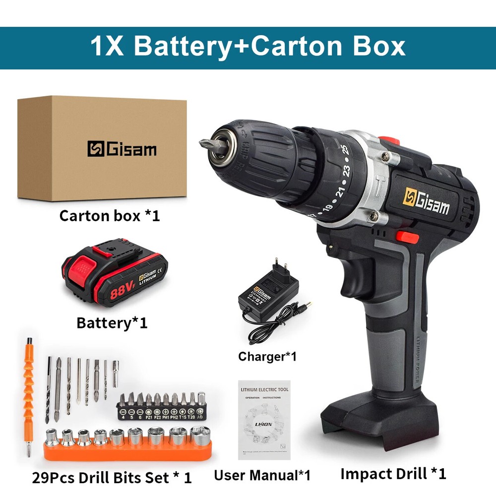 18V Cordless Electric Impact Drill Rechargeable Screwdriver Driver Power Tools