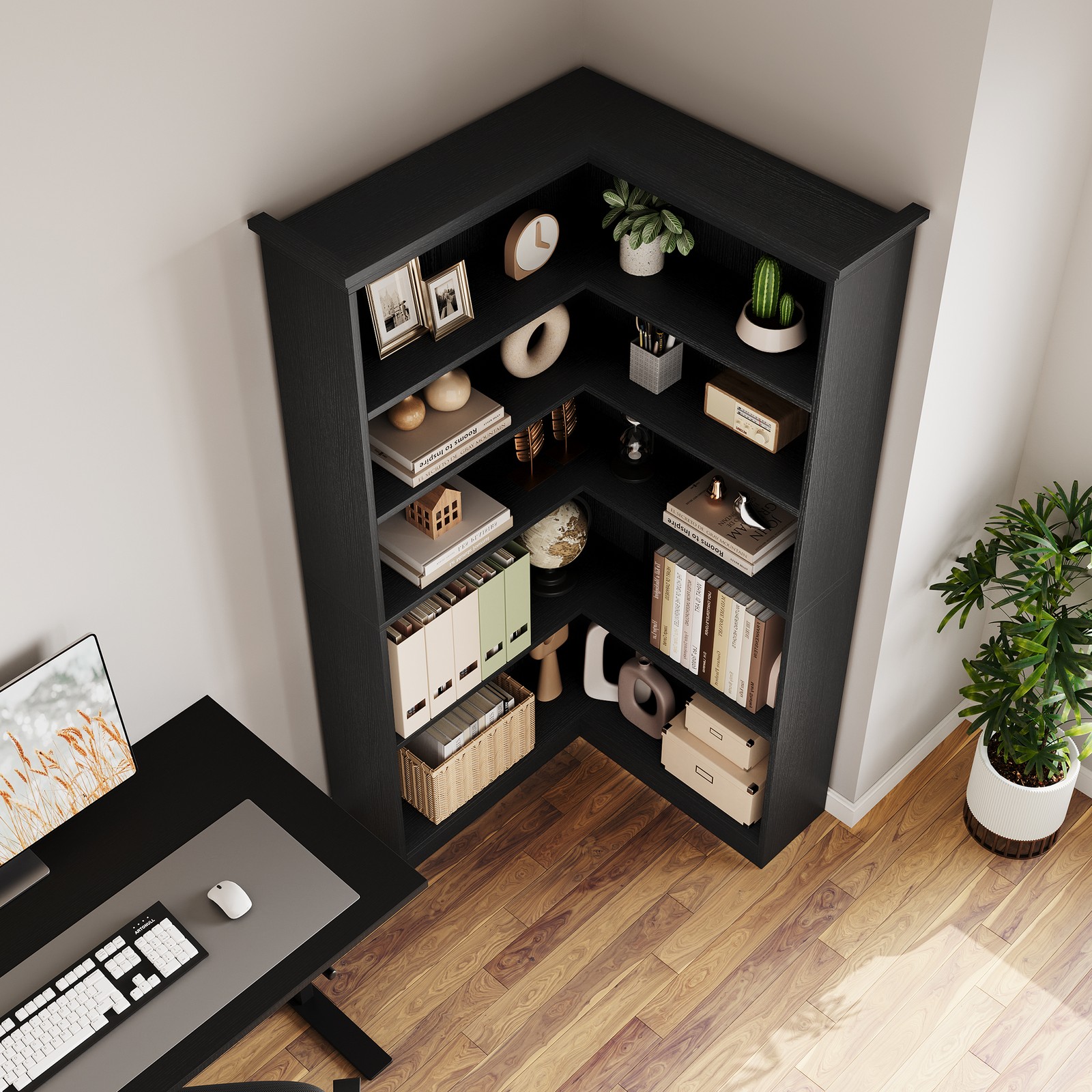 Corner Bookshelf 5 Tier Large Display Bookshelf 90° Corner Standing Bookcase