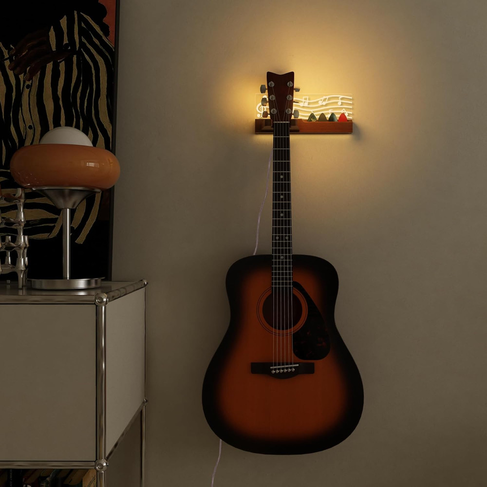Guitar Wall Mount Stand with LED Lights - Solid Wood & Acrylic USB-Powered