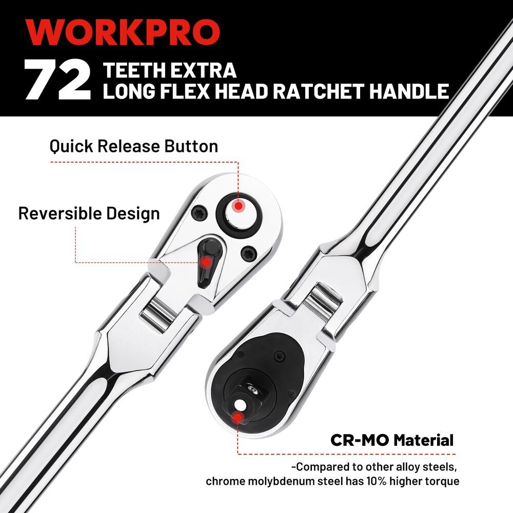 WORKPRO 12" Extra Long Flex Head Ratchet Handle 1/4" Dr Quick Release Reversible