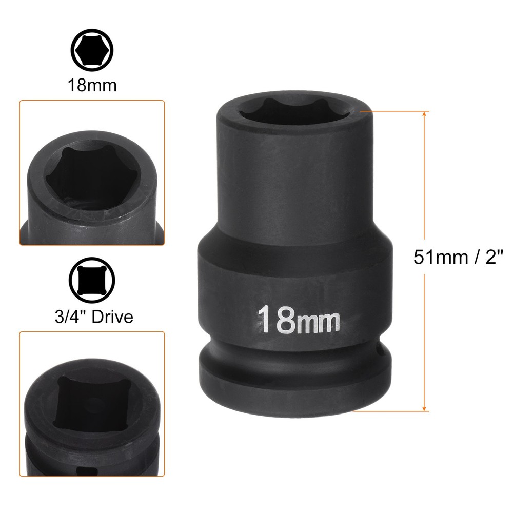 6-Point Impact Socket 3/4" Drive 18mm Metric 40Cr Impact Socket