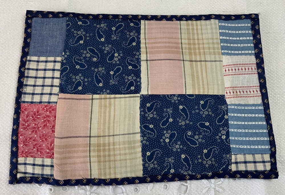 Vintage Patchwork Quilt Table Topper Or Doll Quilt, 4 Patch, Blue