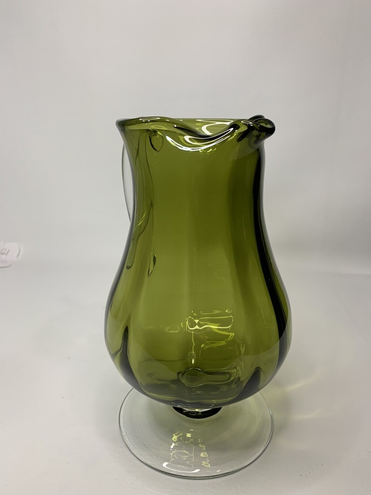 hand blown green footed 10 1/2" pitcher & applied clear handle