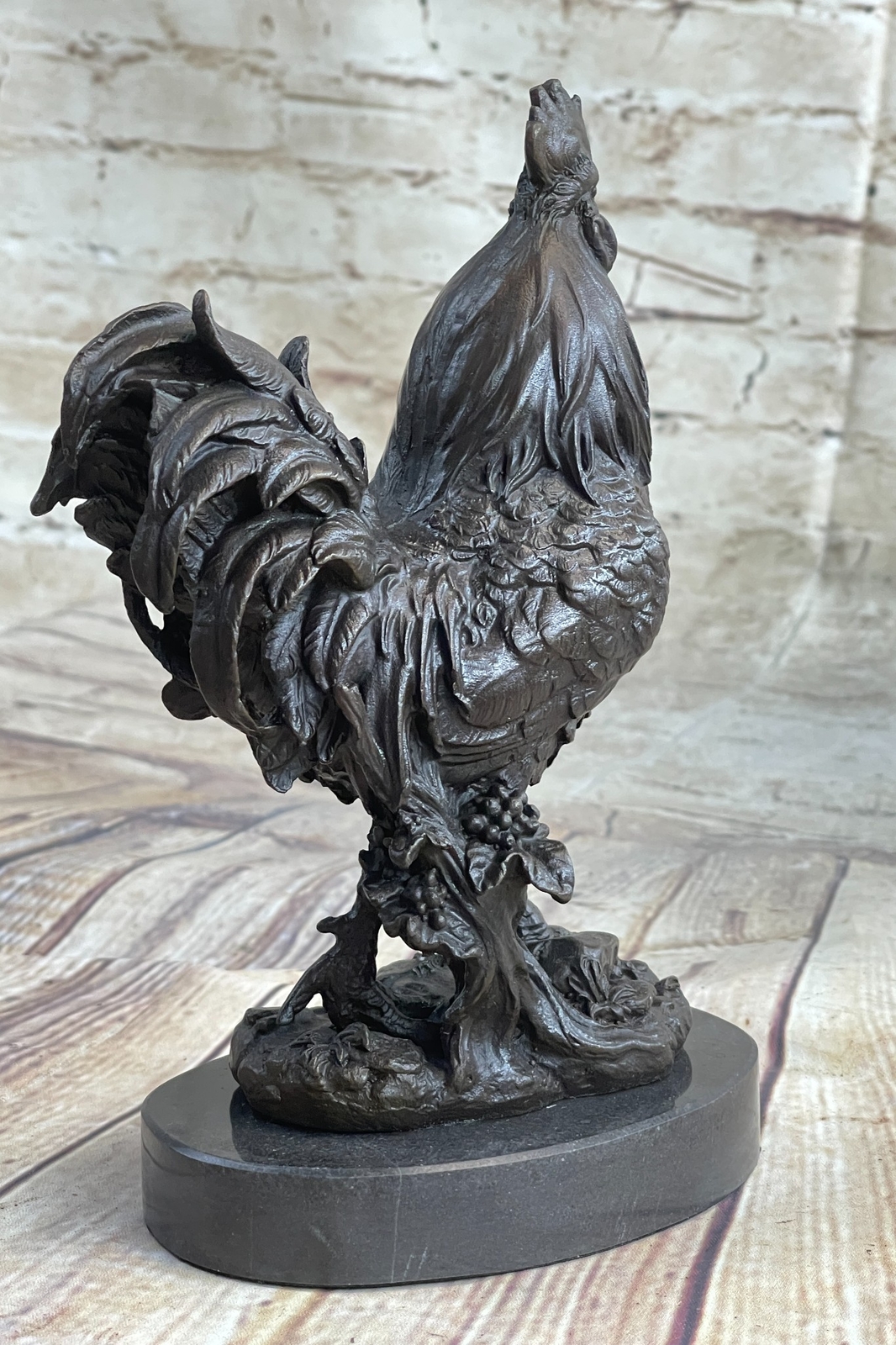 Chicken Rooster Farm Animal Bronze Statue Sculpture Figure Decor on Marble Base