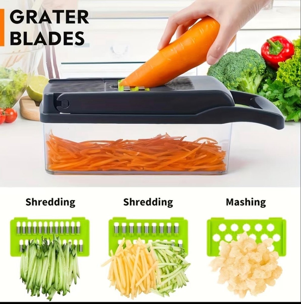 Multi-Function Push Food Chopper with Blades, Container, Green/Gray