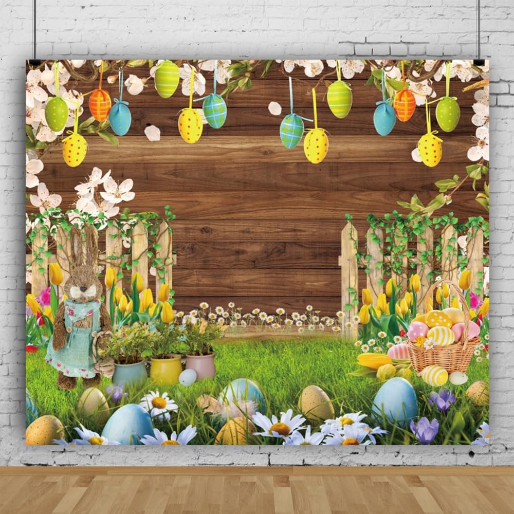 10x8ft Easter Backdrop for Photography Spring Garden Fence Easter Eggs Brown ...
