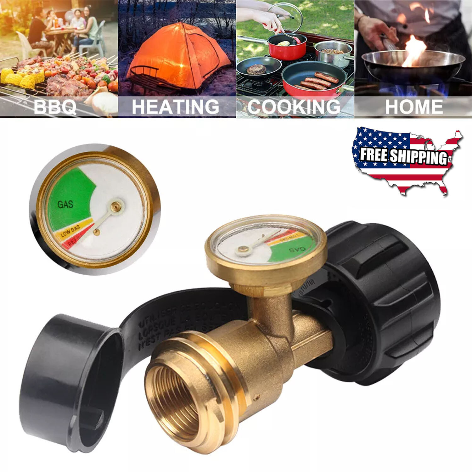 Propane Tank Gauge Brass Adapter w/Gas Pressure Level Meter Indicator for BBQ RV