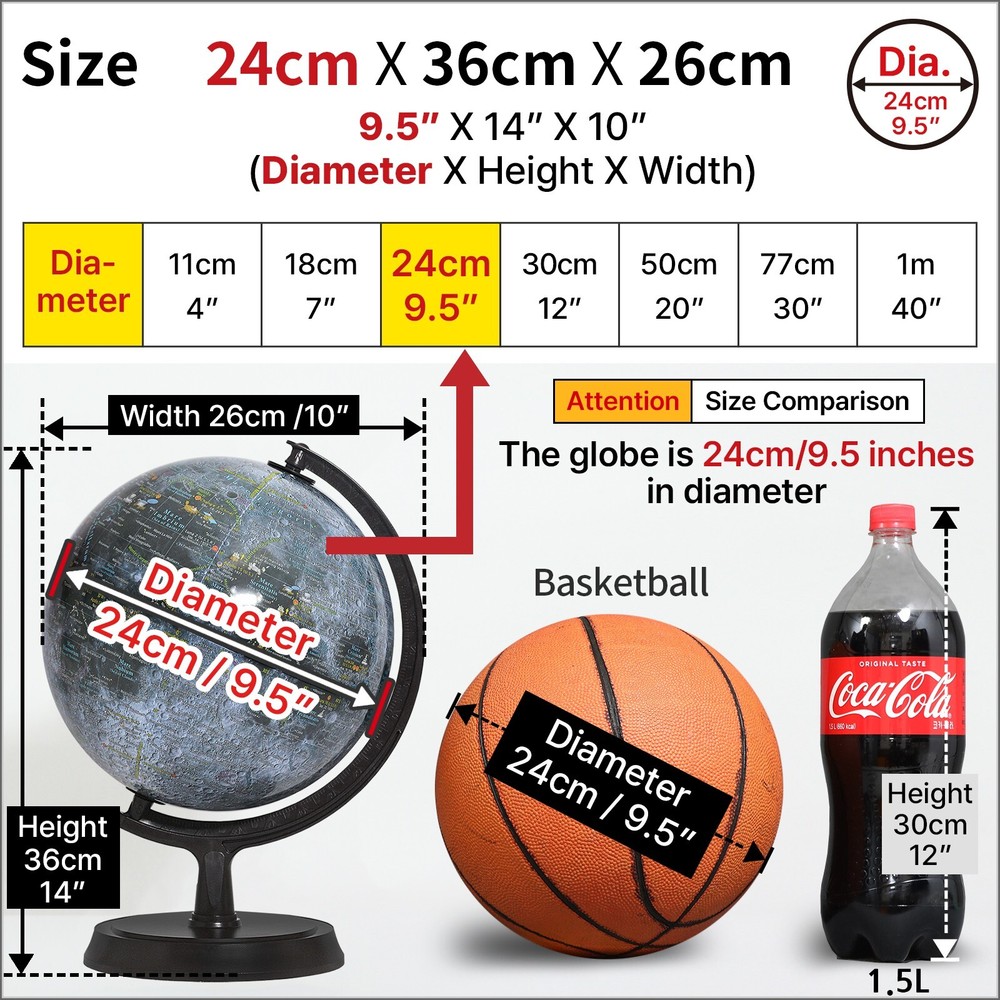 Mapsoft Explorer Illuminated Gray Moon Globe, 24cm/9.5", MI-24, Lamp, Light, Map