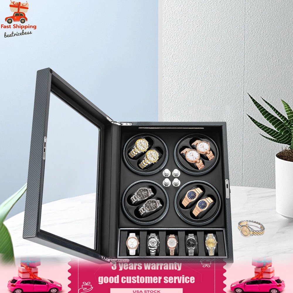 Automatic Rotation 8 Watch Winder Box w/5 Watches Display Storage Case Light LED