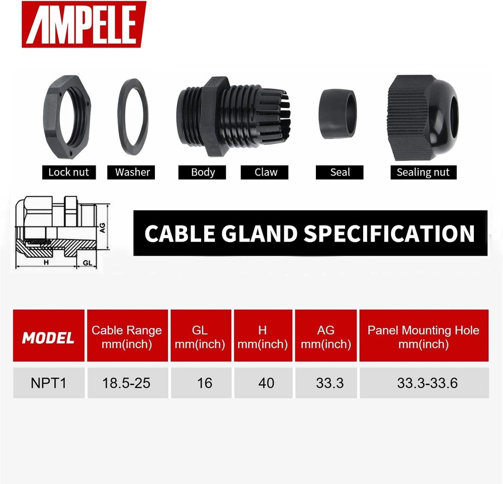 2 Pack 1'' NPT Cable Gland Waterproof Adjustable (2-Pack), Black