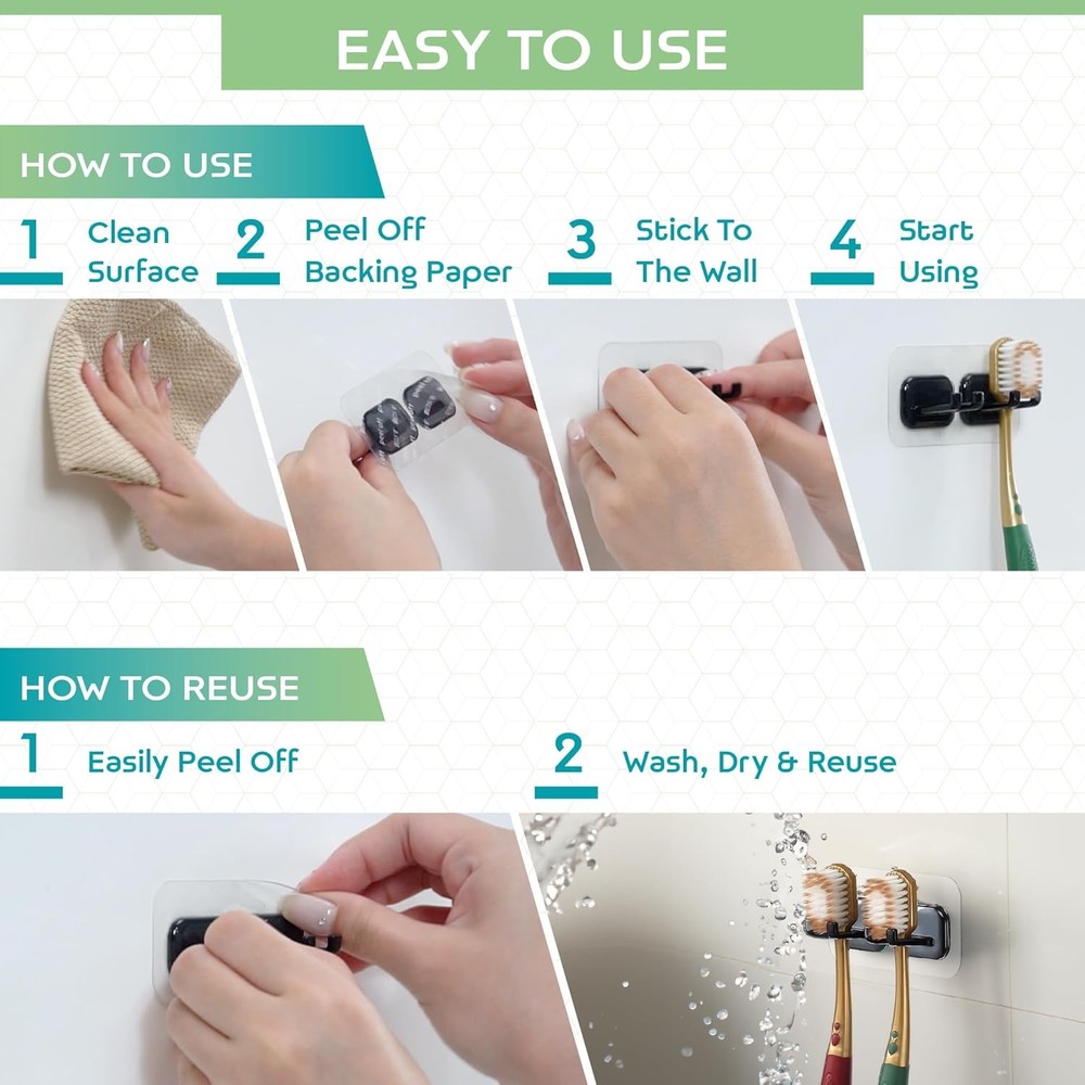 Hook LAB Self-Adhesive Double Toothbrush Holder, 2-Pack, Removable & Reusable Wa
