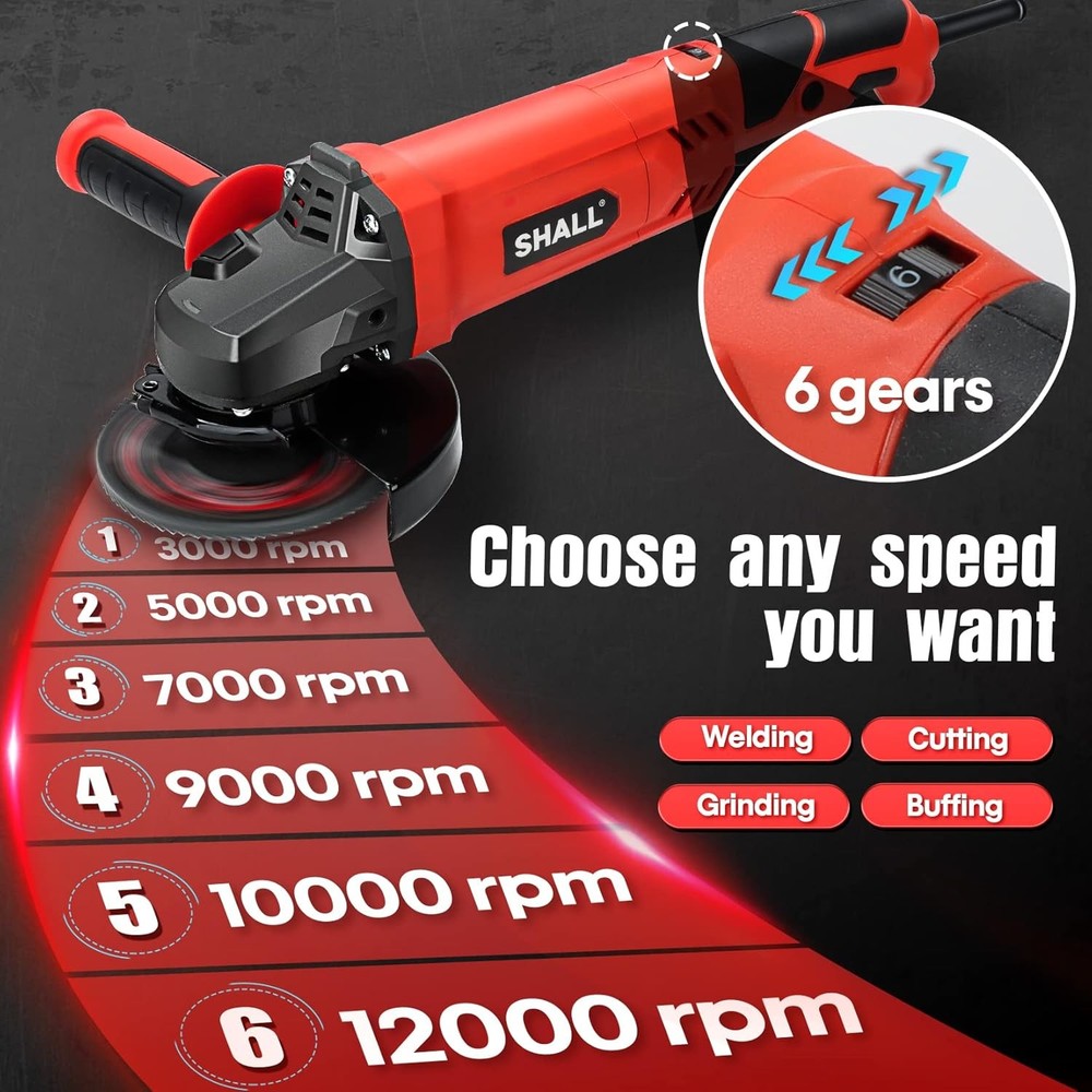 Angle Grinder Tool 7.5Amp 4-1/2 Inch, 6-Variable-Speed Grinders Power Tools, Ele
