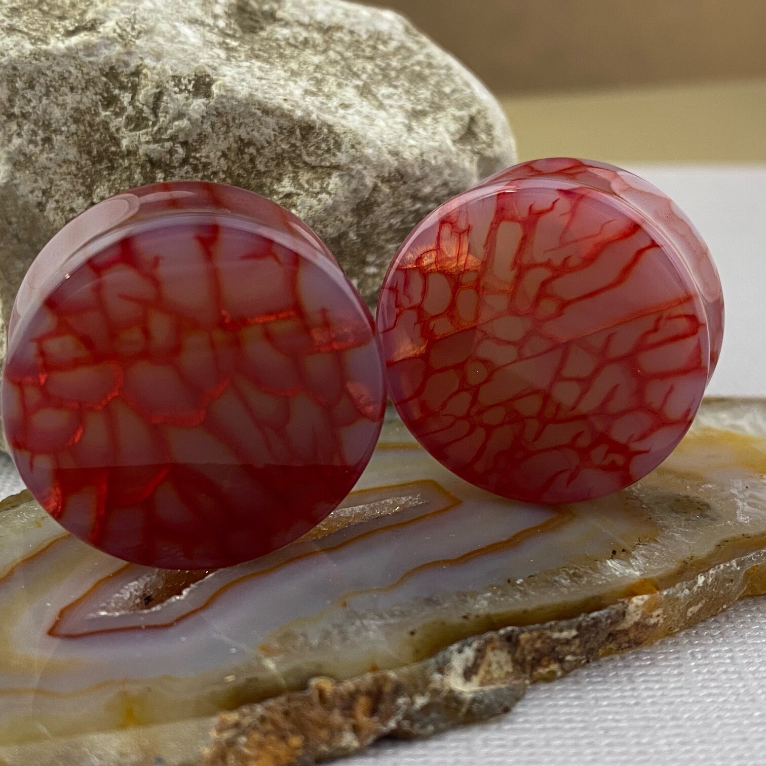 Red Dragon Vein Agate Stone Double Flare Plugs (STN-753) gauges PICK SIZE