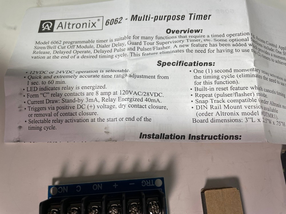 6062 Altronix Multi-Purpose Timer Module 12/24VDC NOS NOB